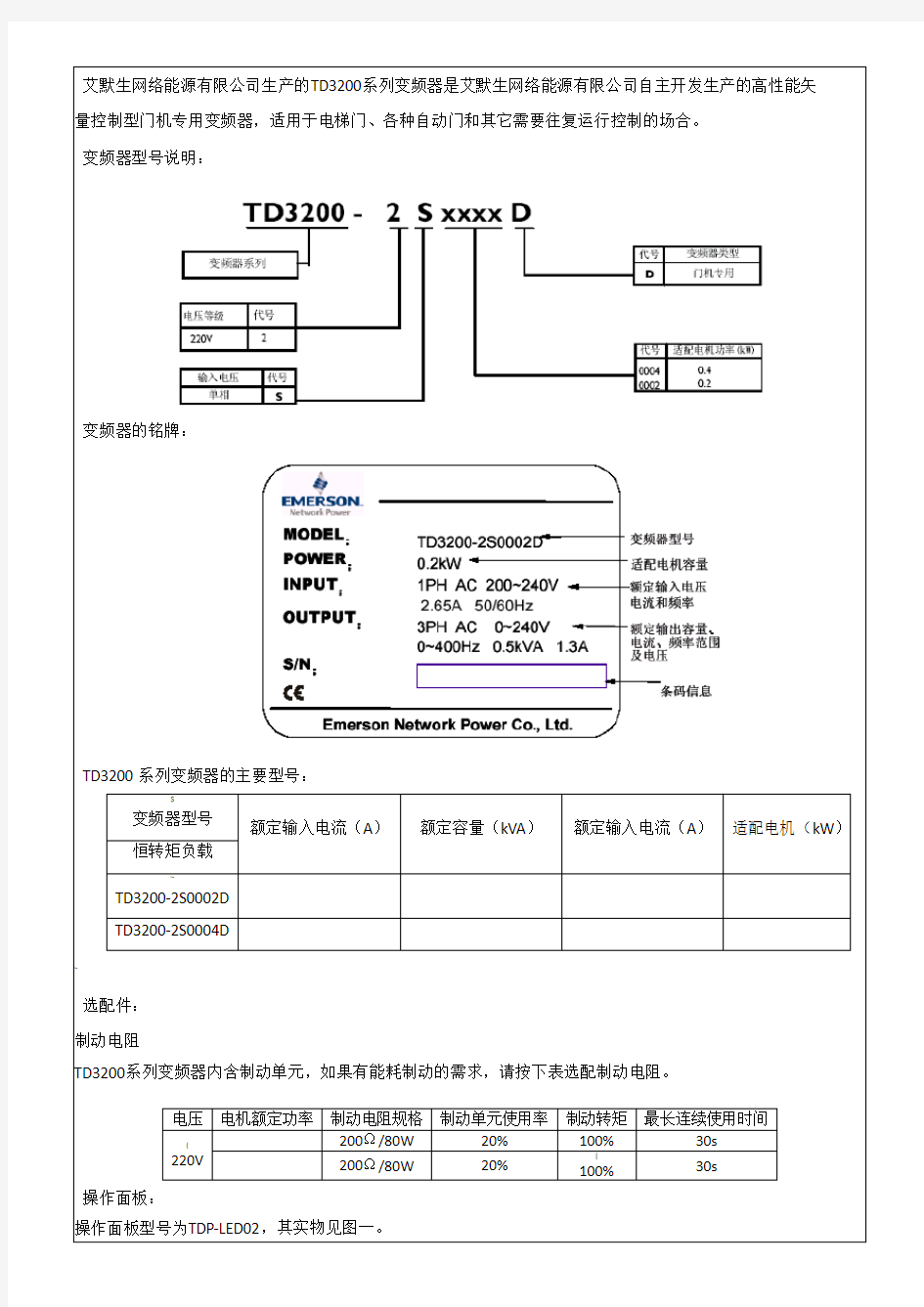 艾默生TD3200系列门机调试手册
