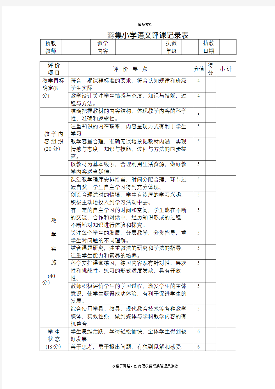 小学语文评课记录表word版本