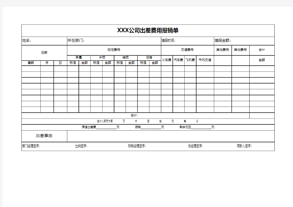 公司出差费用报销单Excel模板