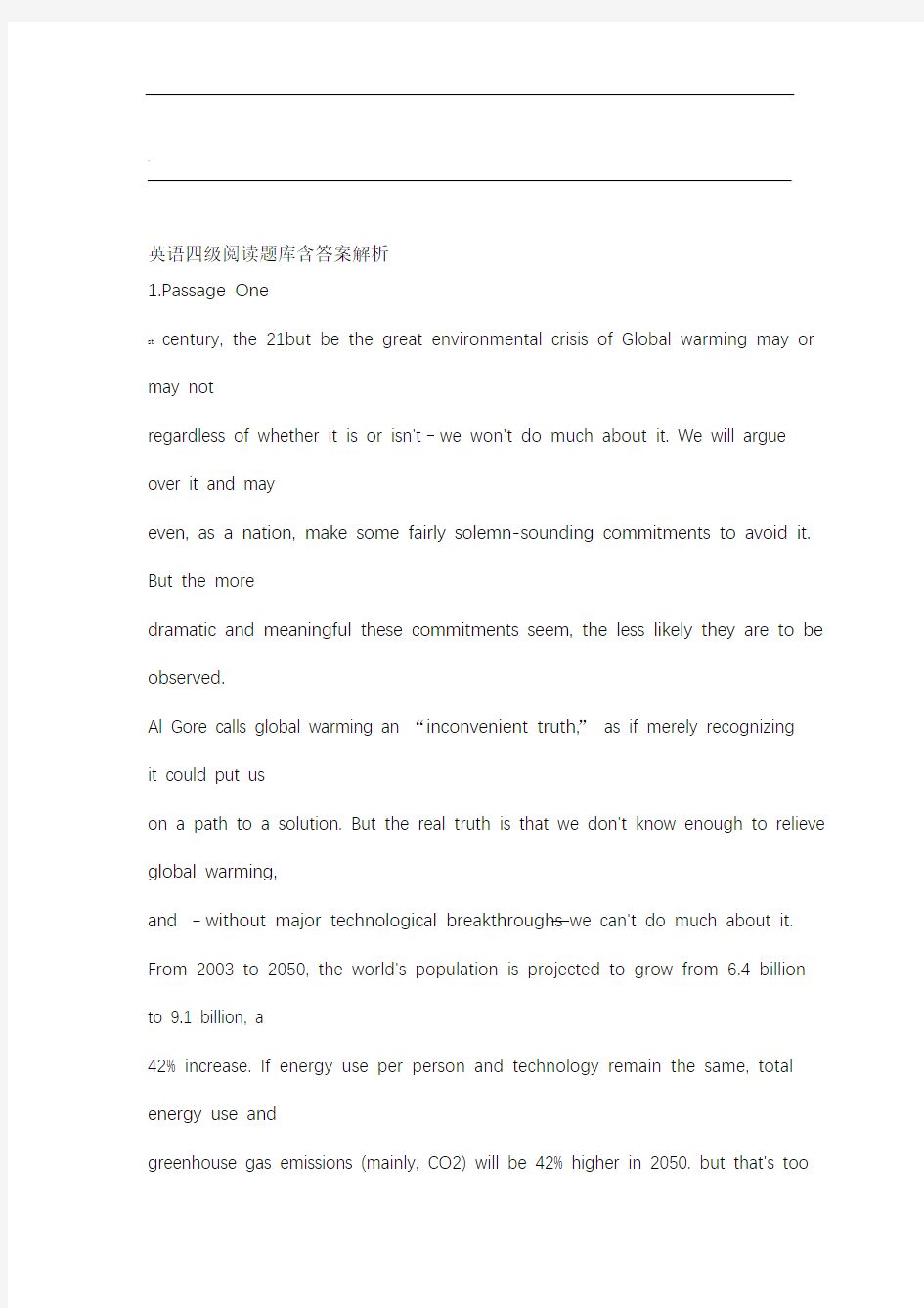 word完整版英语四级阅读试题库含答案解析