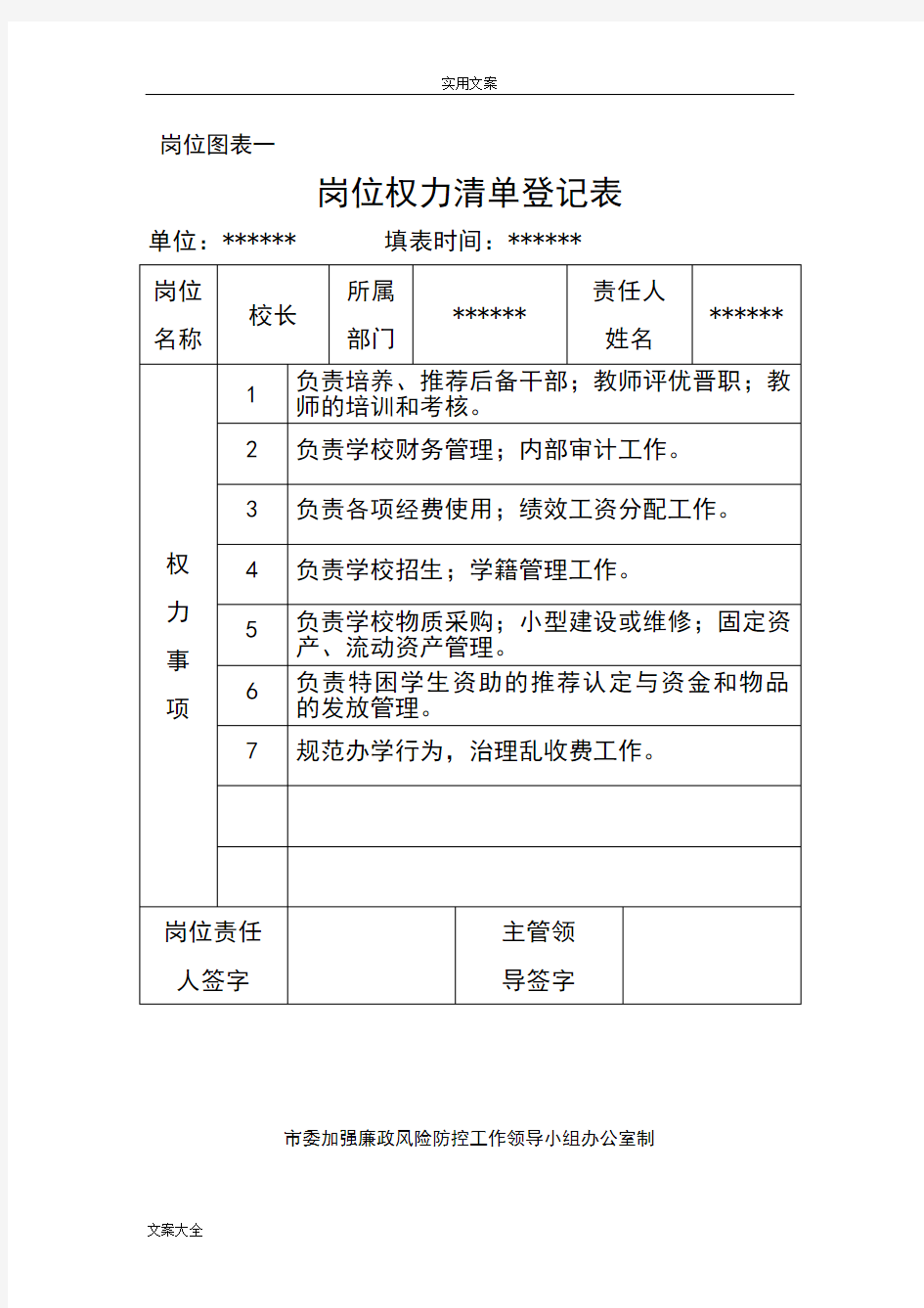 校长岗位权力应用清单