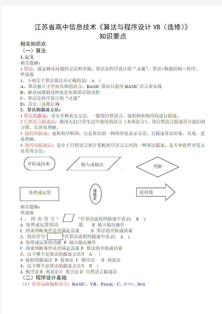 高中信息技术《算法与程序设计VB(选修)》简要教程