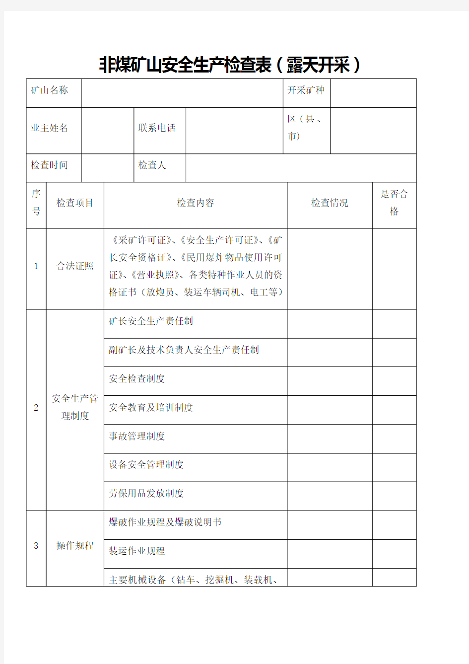 非煤矿山安全生产检查表