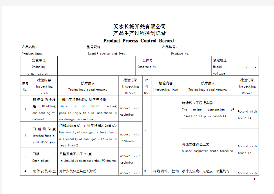 产品生产过程控制记录