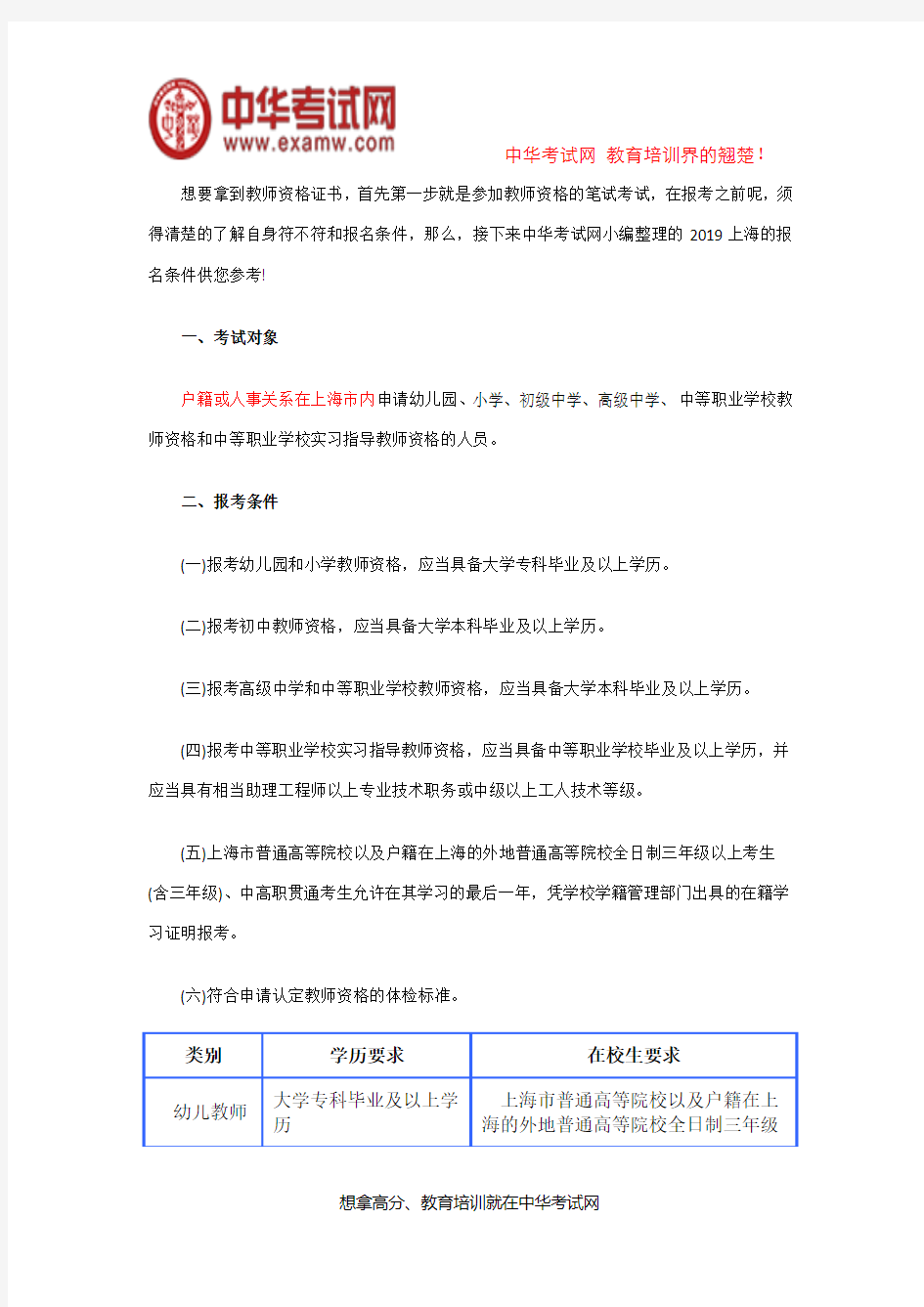 2019上海教师资格证报名条件