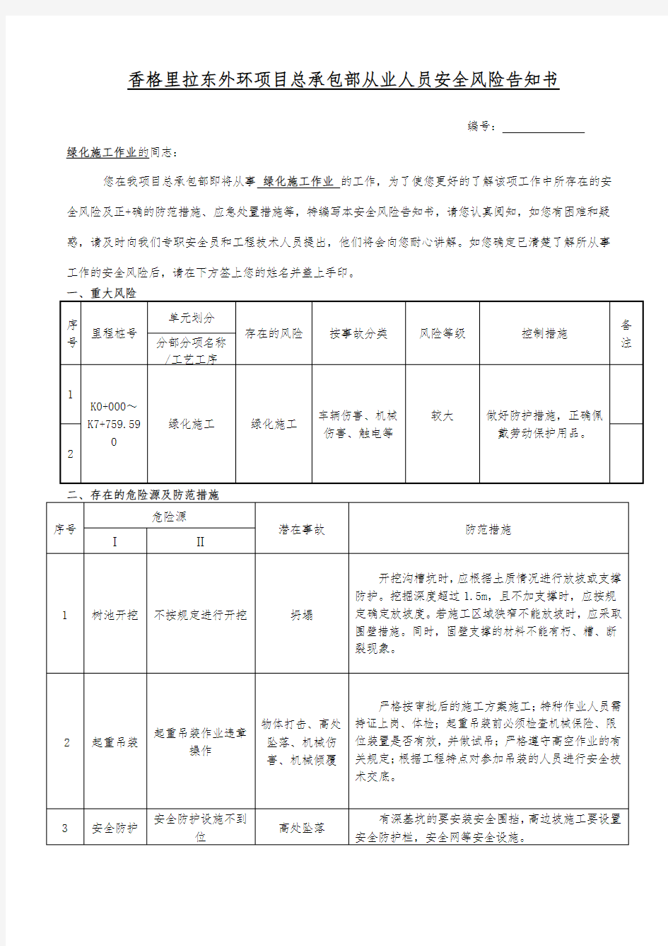 绿化施工安全风险告知书