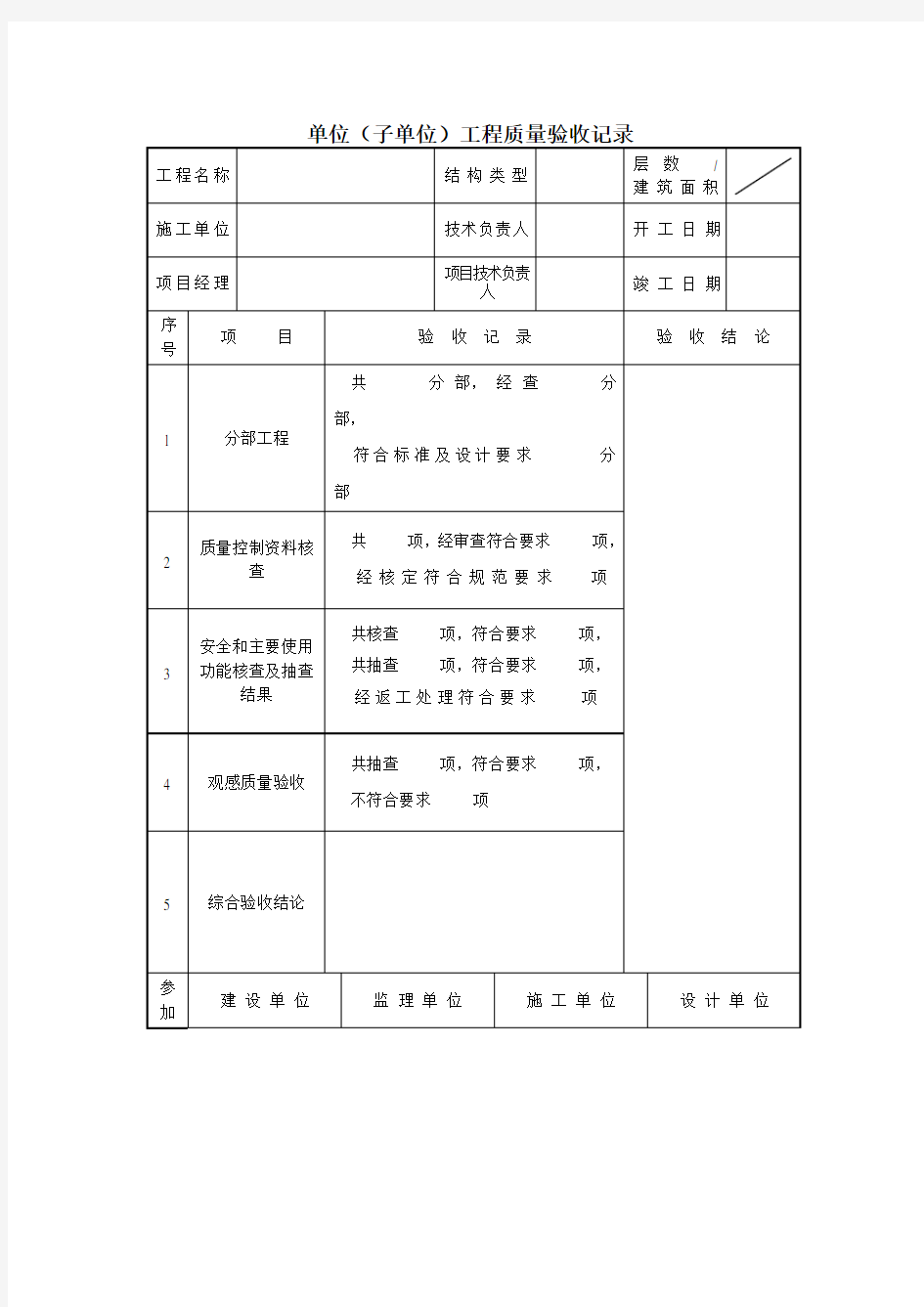 单位子单位工程质量验收记录