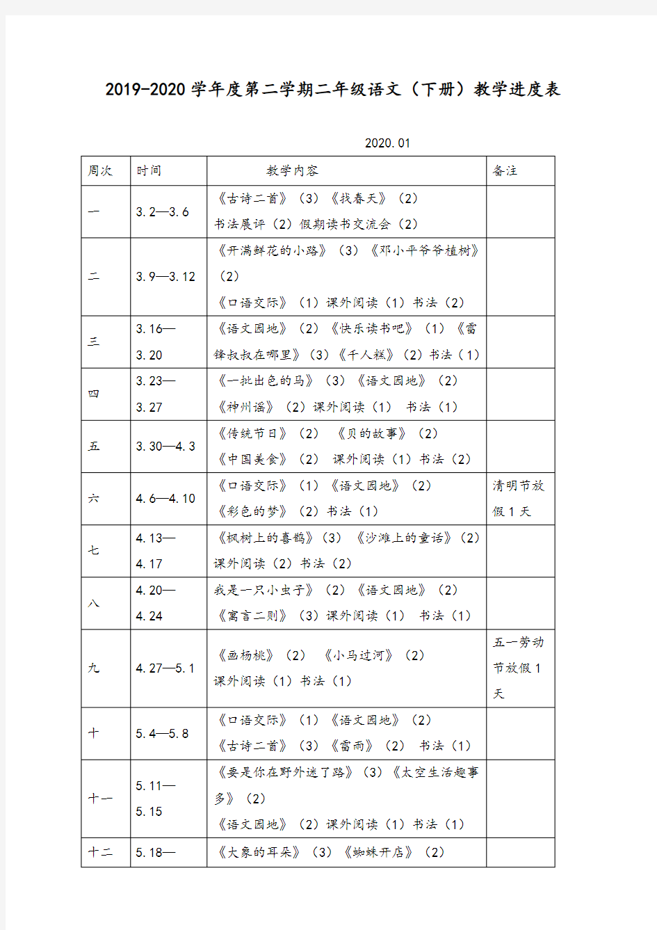 (部编版)统编二年级语文下册教学进度表