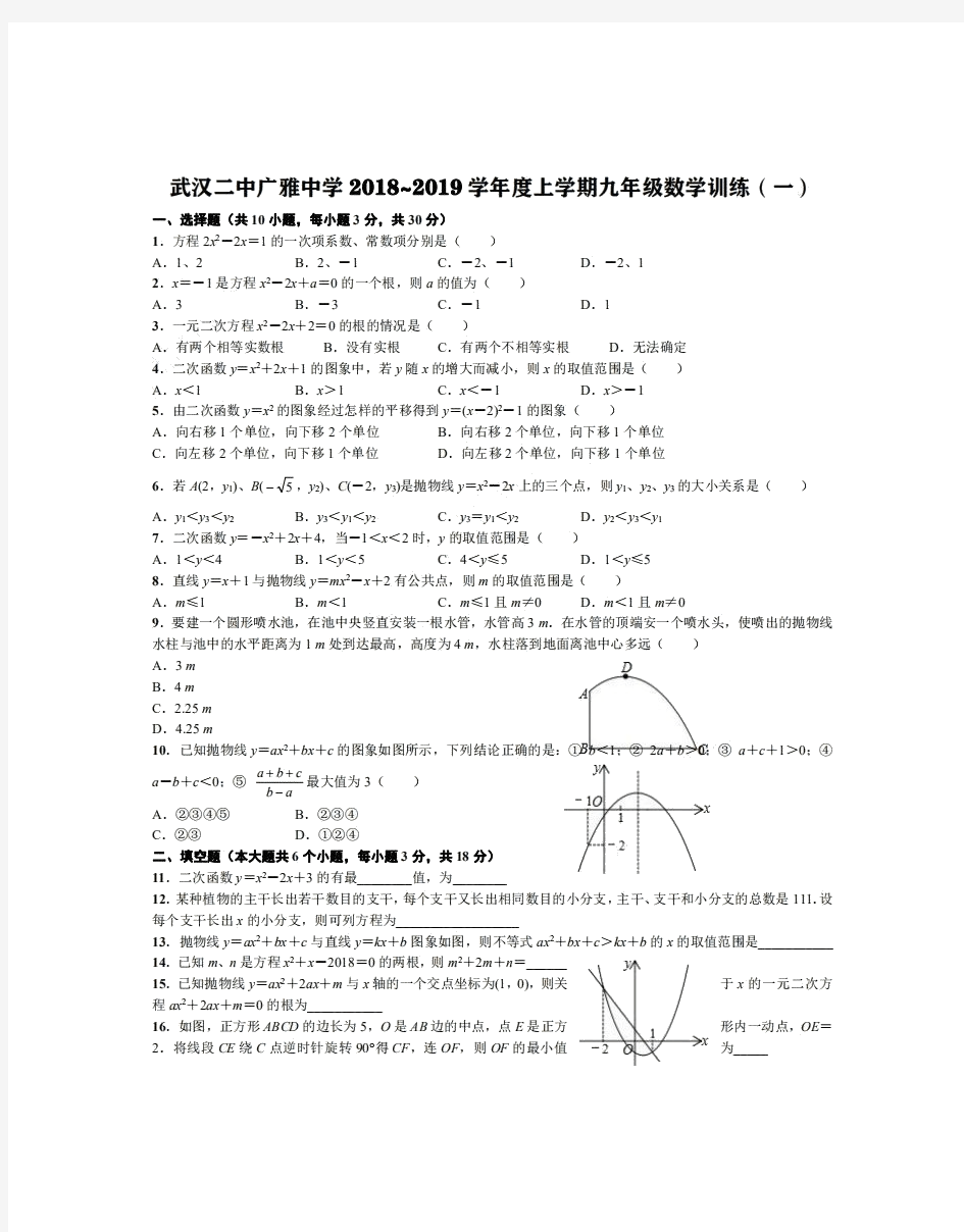 湖北省武汉二中广雅中学2018~2019学年度上学期九年级数学训练(一)