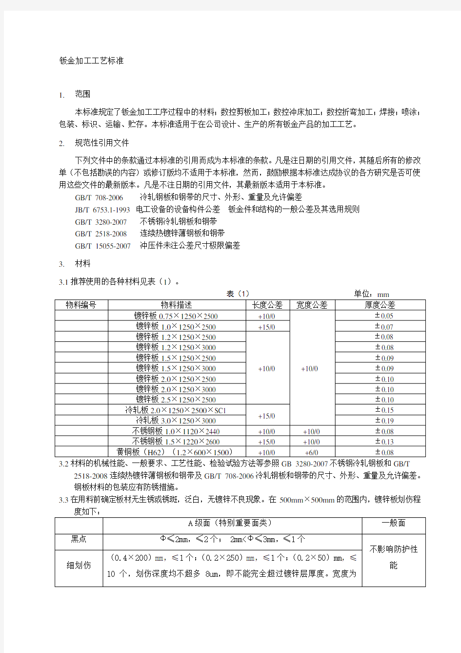 钣金加工工艺标准 