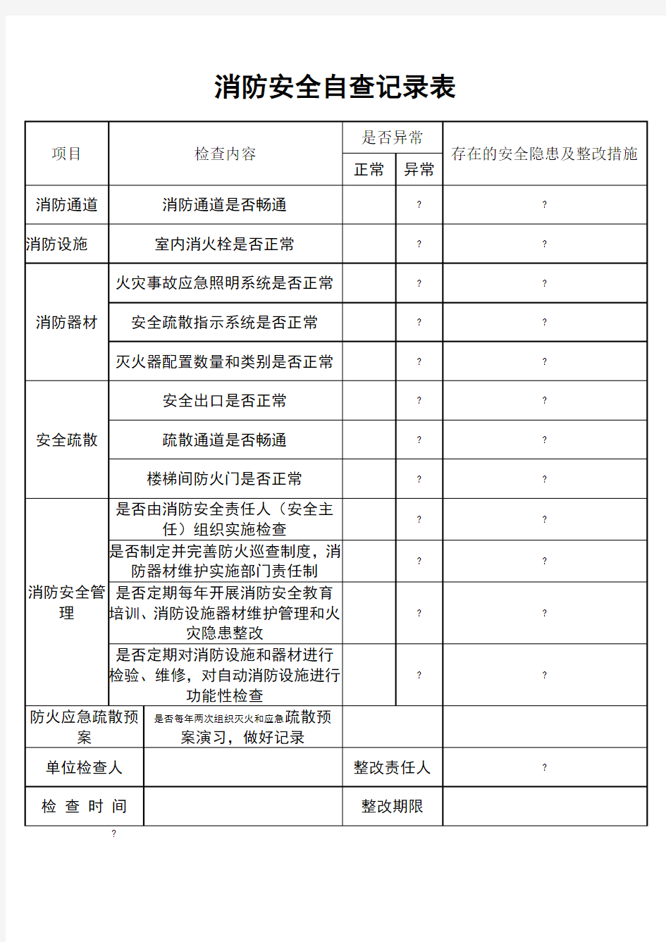 消防安全每月自查记录表