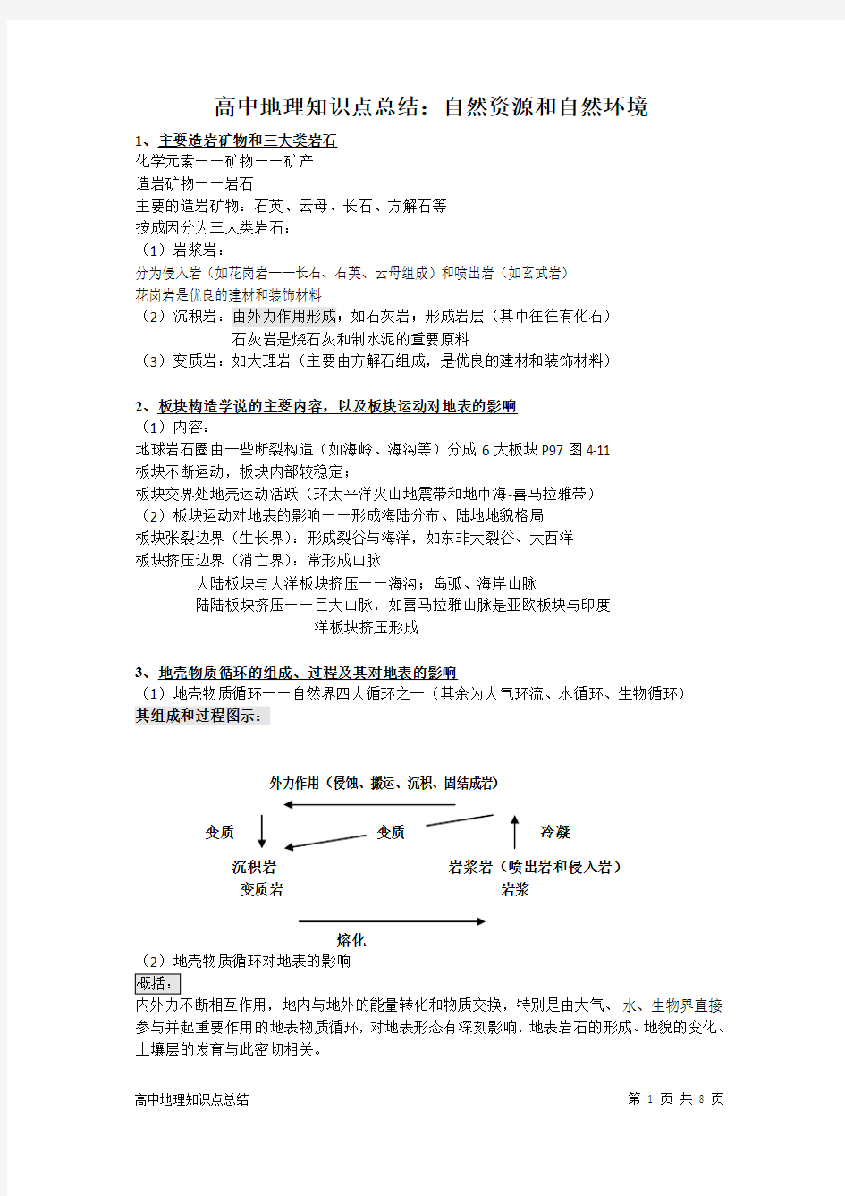 高中地理知识点总结：自然资源和自然环境