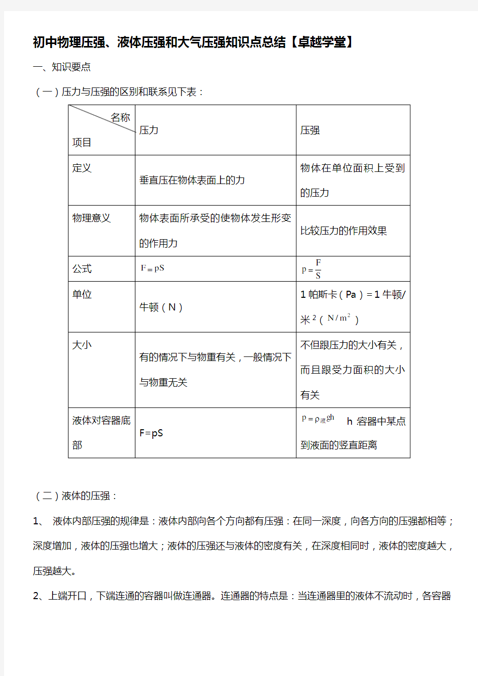 液体压强和大气压强知识点总结