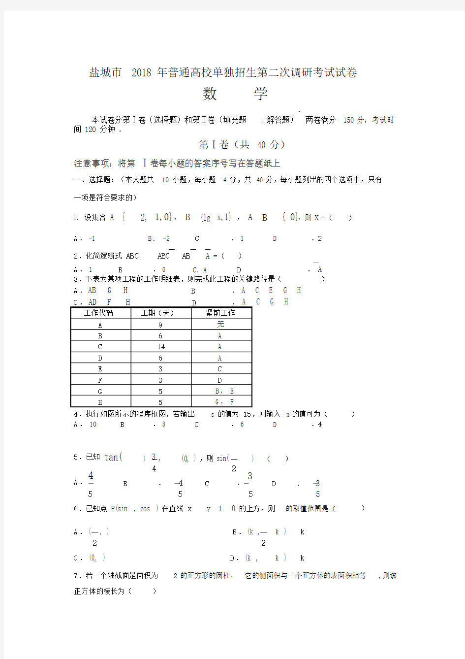 2018江苏省对口单招数学模拟试卷.docx