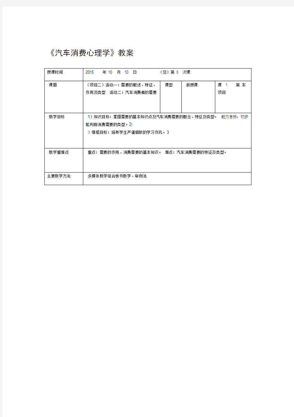 2020年新编汽车消费心理学教案名师资料