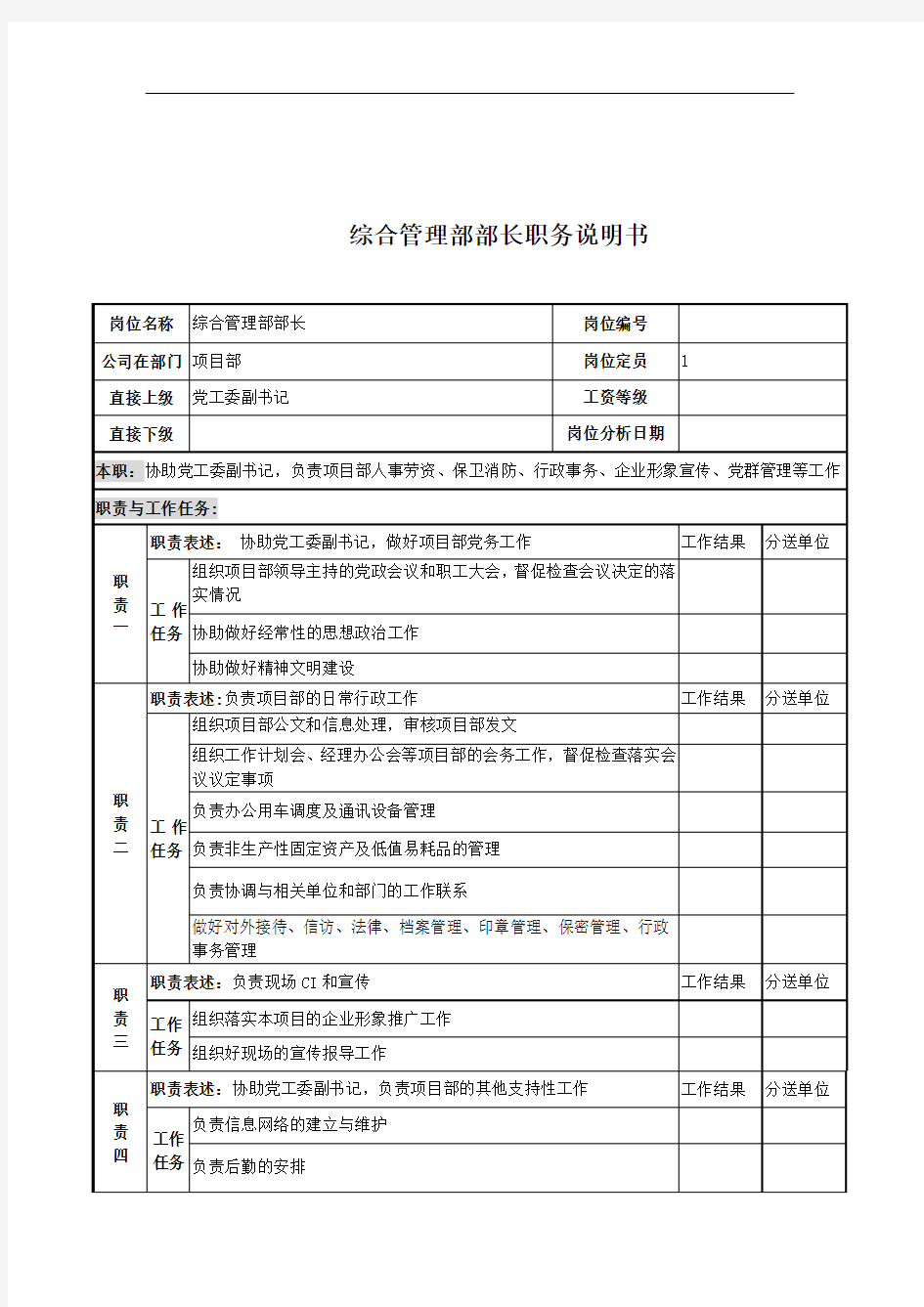 电力公司综合管理部部长岗位说明书