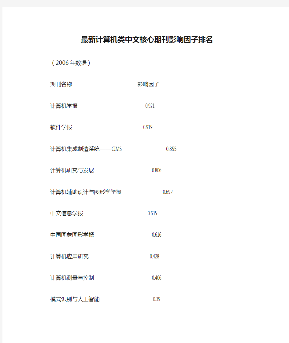 最新计算机类中文核心期刊影响因子排名