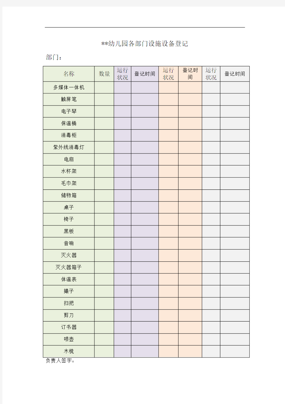 幼儿园班级设施设备清单