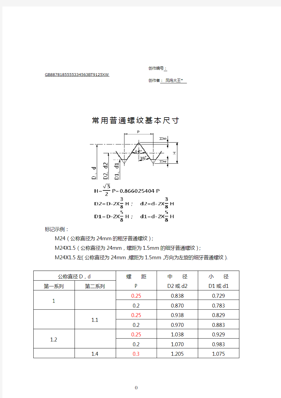 常用普通螺纹基本尺寸