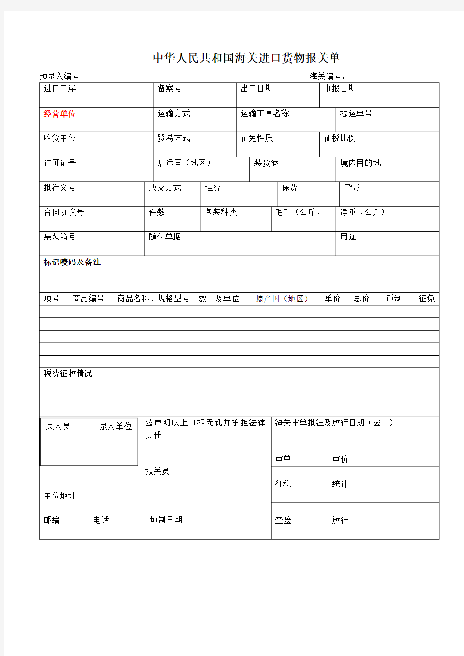 进出口货物报关单样本