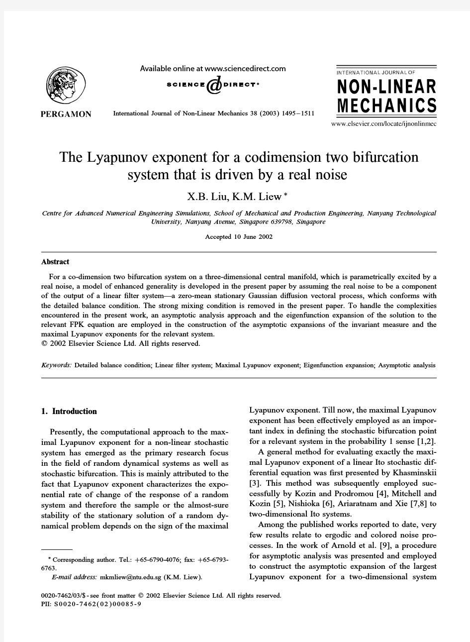 The Lyapunov exponent for a codimension two bifurcation system that is driven by a real noise