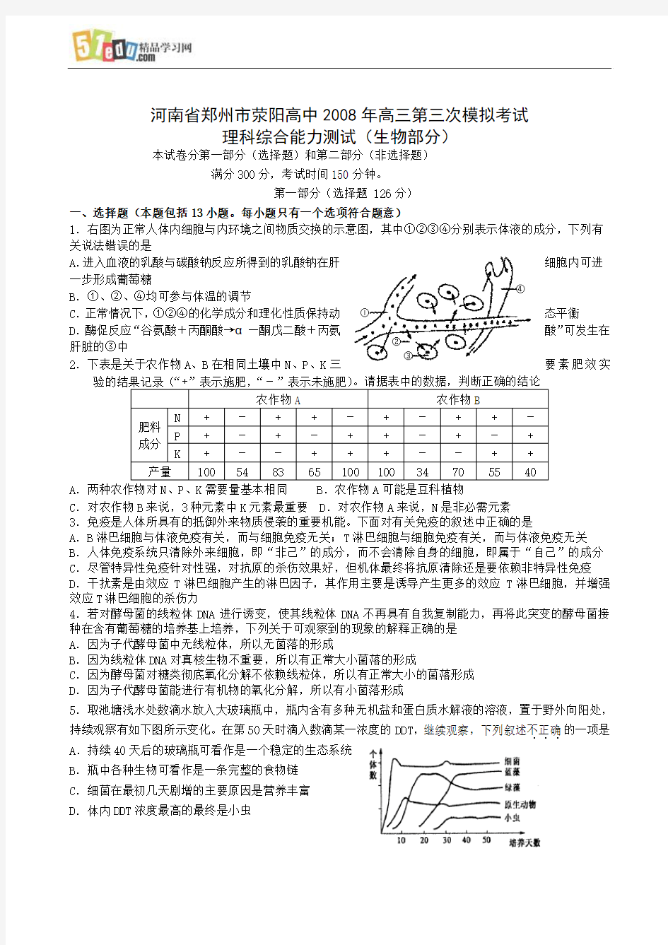 河南省郑州市荥阳高中2008年高三第三次模拟考试理科综合能力测试生物部分试题