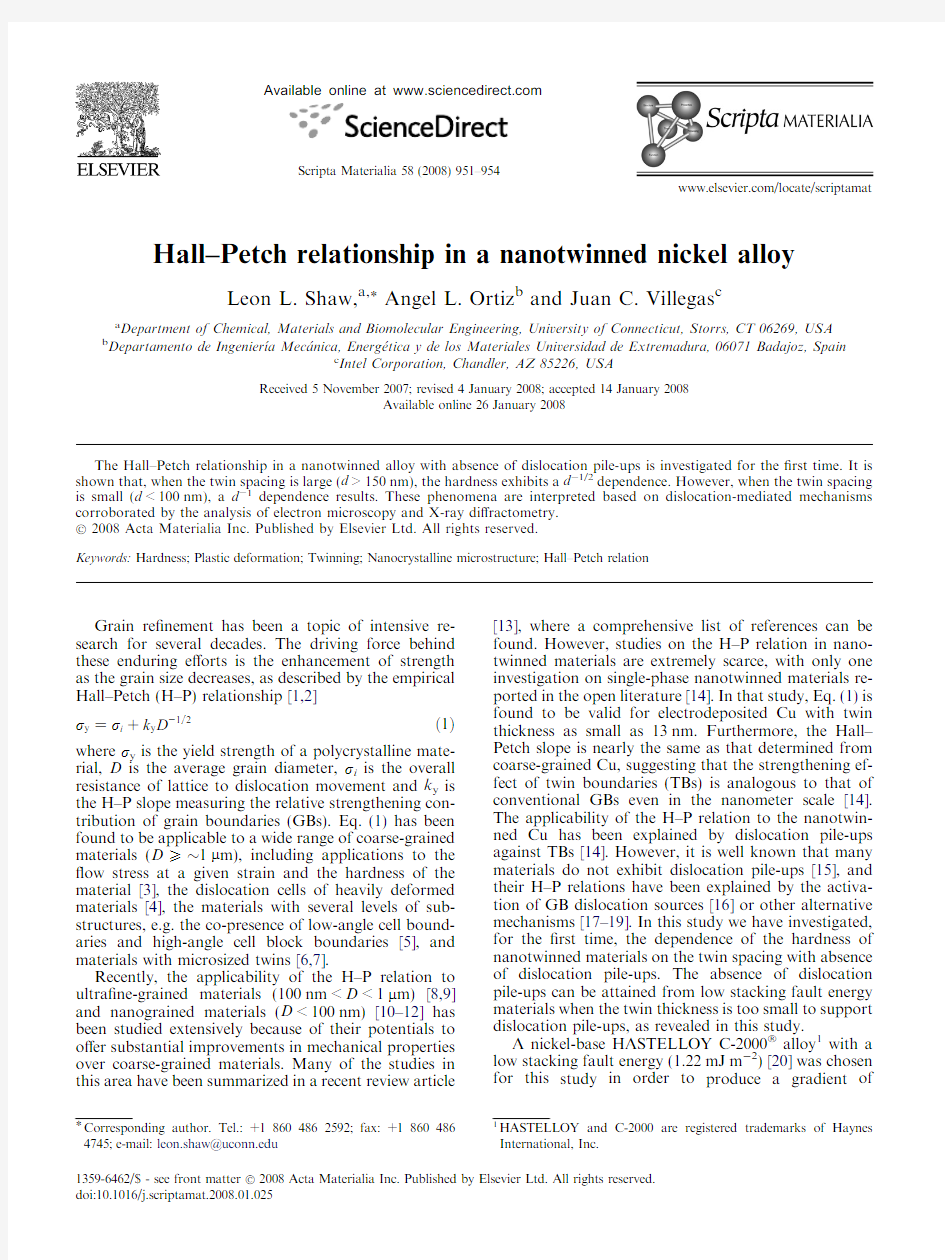 Hall-Petch relationship in a nanotwinned nickel alloy