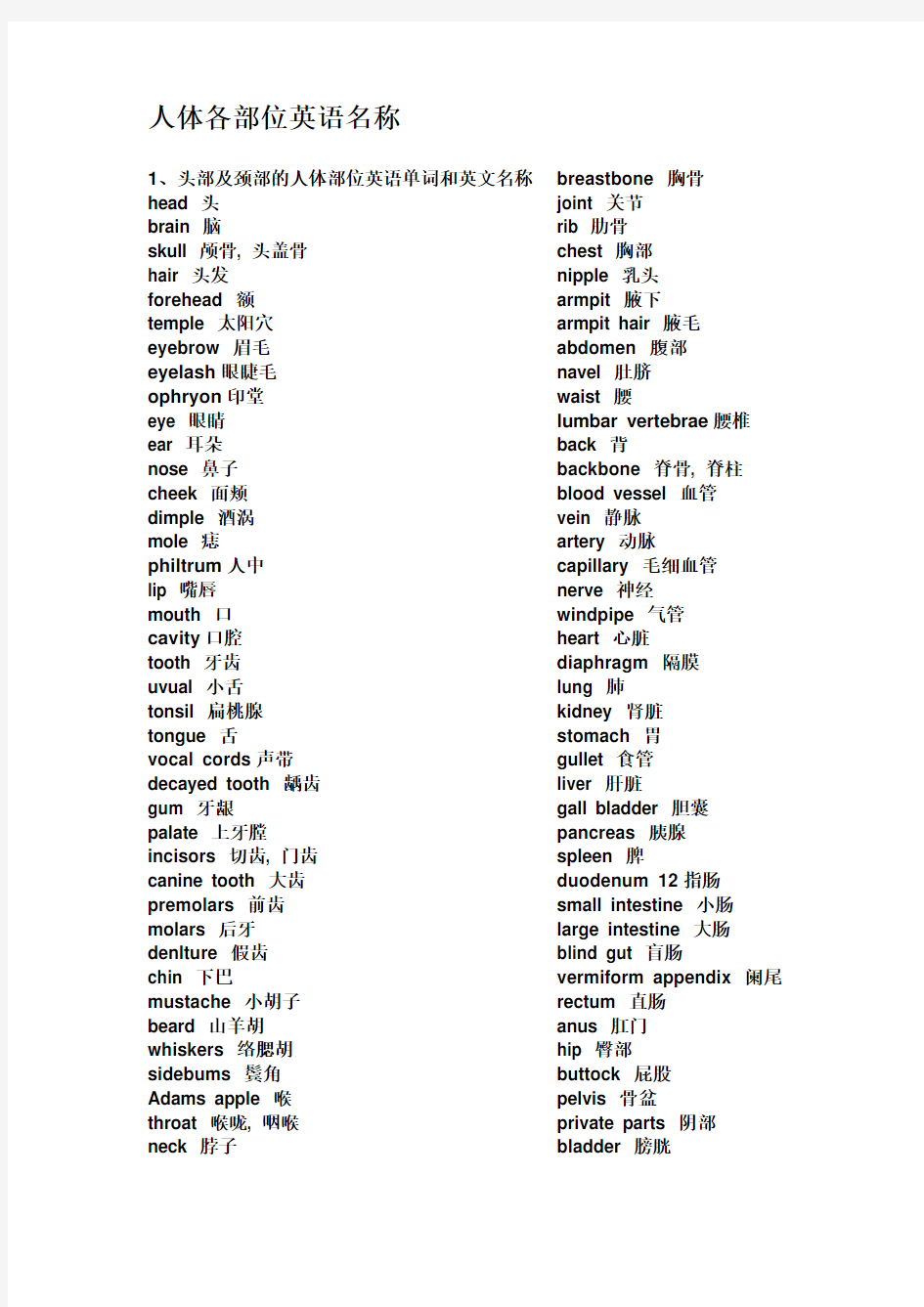 人体各部位英语名称