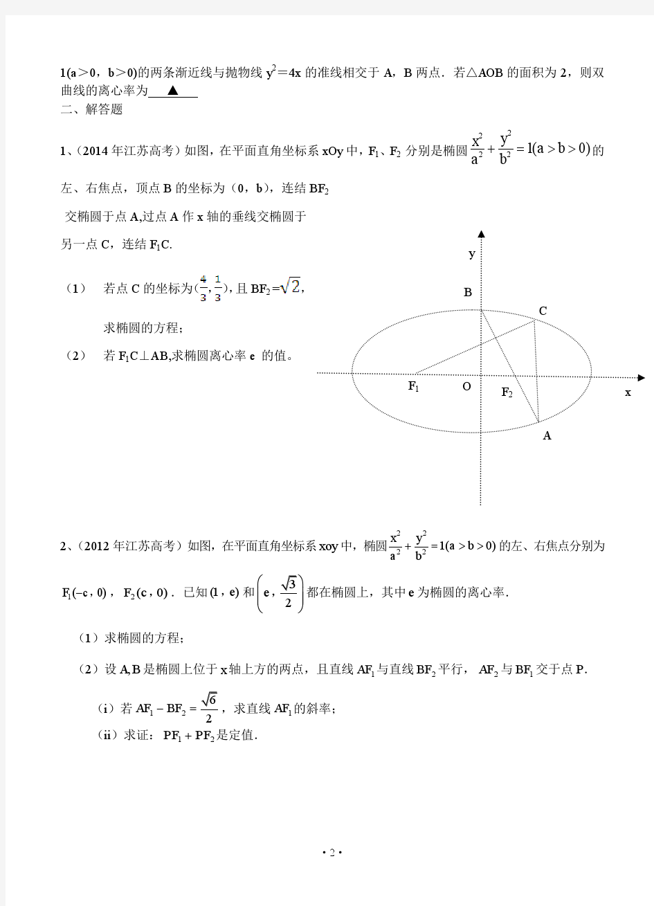 江苏省2015届高三数学一轮复习备考试题：圆锥曲线