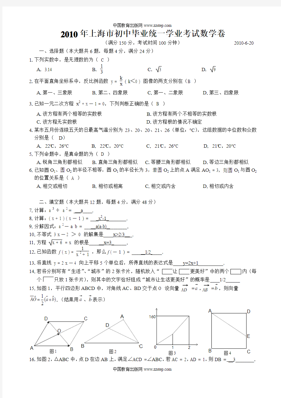 2010年上海市中考数学试题及答案