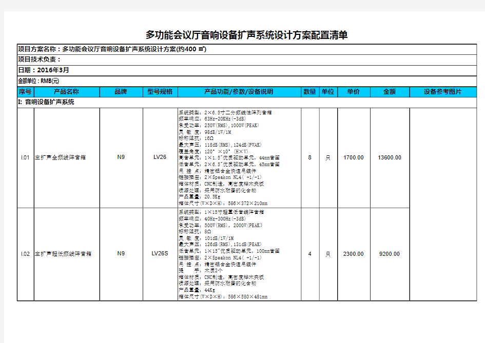 会议厅设备系统设配置清单