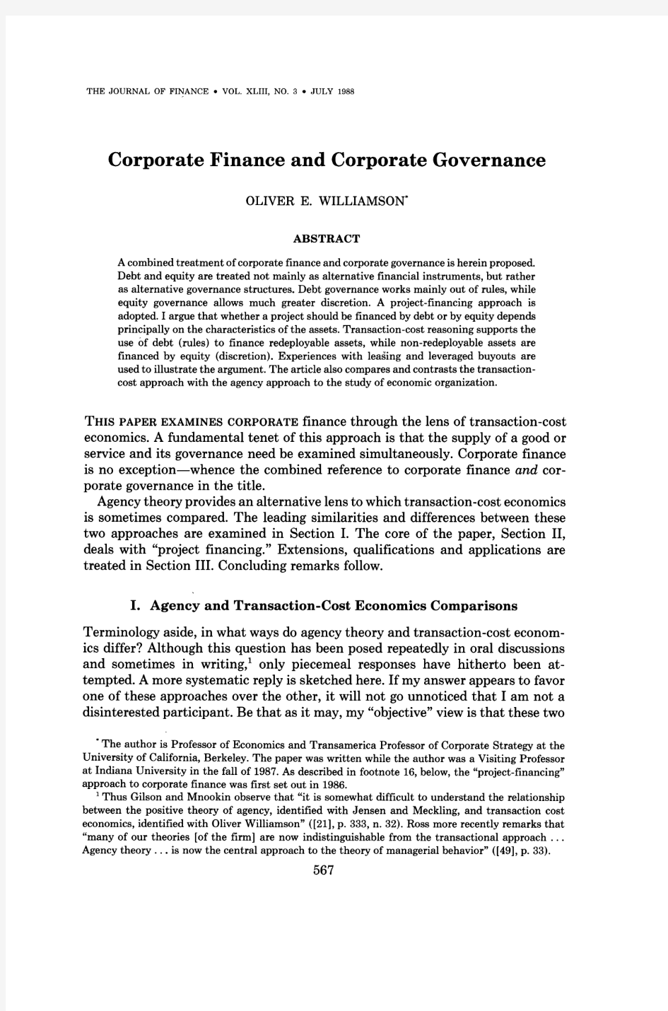 Williamson公司融资与公司治理JF43(1988)0567-591