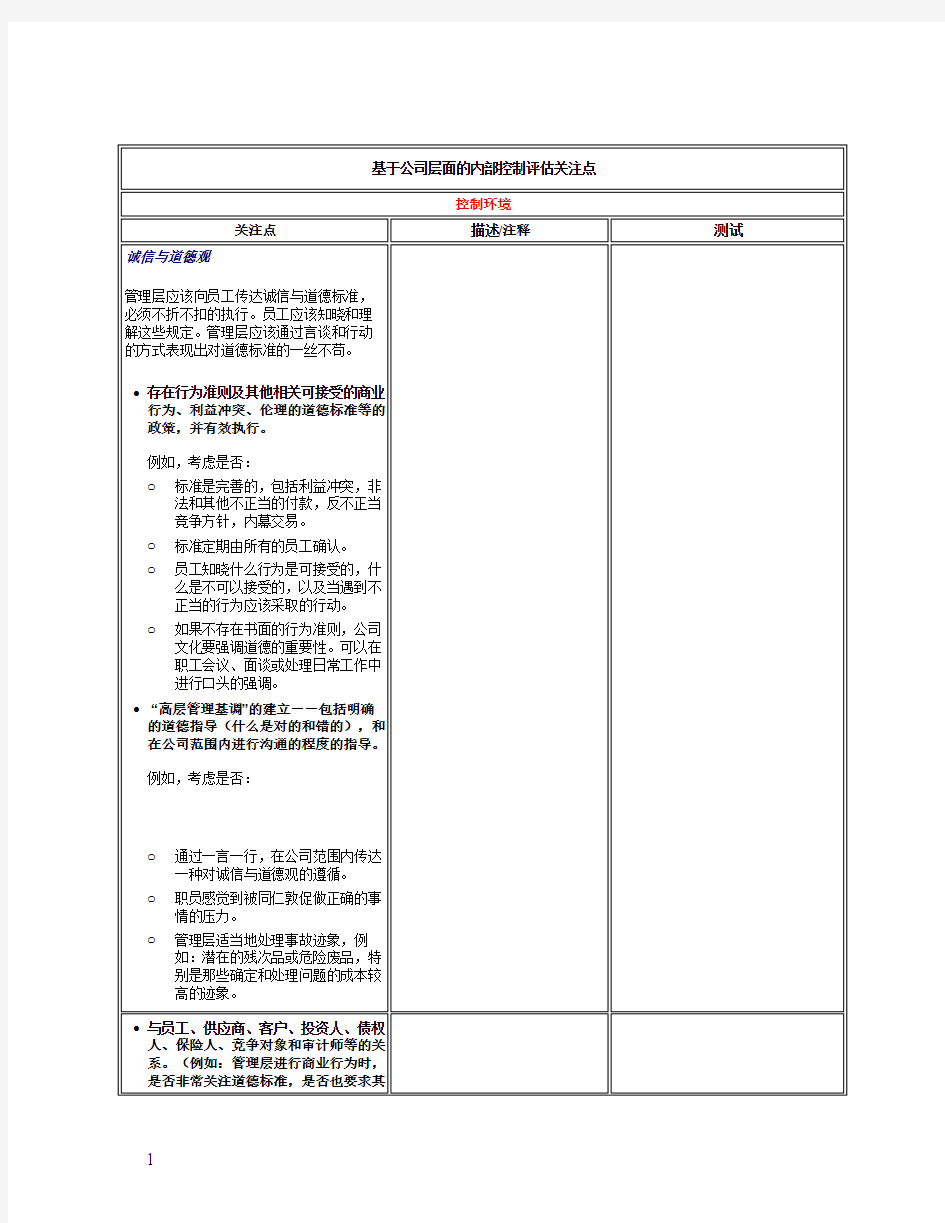 基于公司层面的内部控制评估关注点