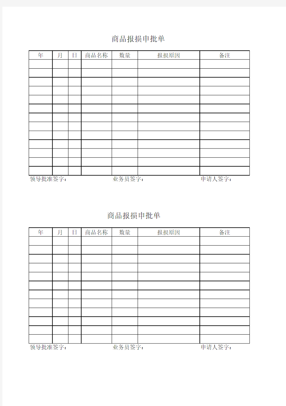 仓库报损申批单