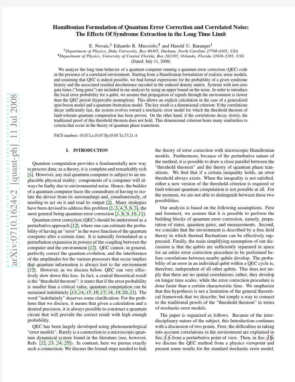 Hamiltonian Formulation of Quantum Error Correction and Correlated Noise The Effects Of Syn