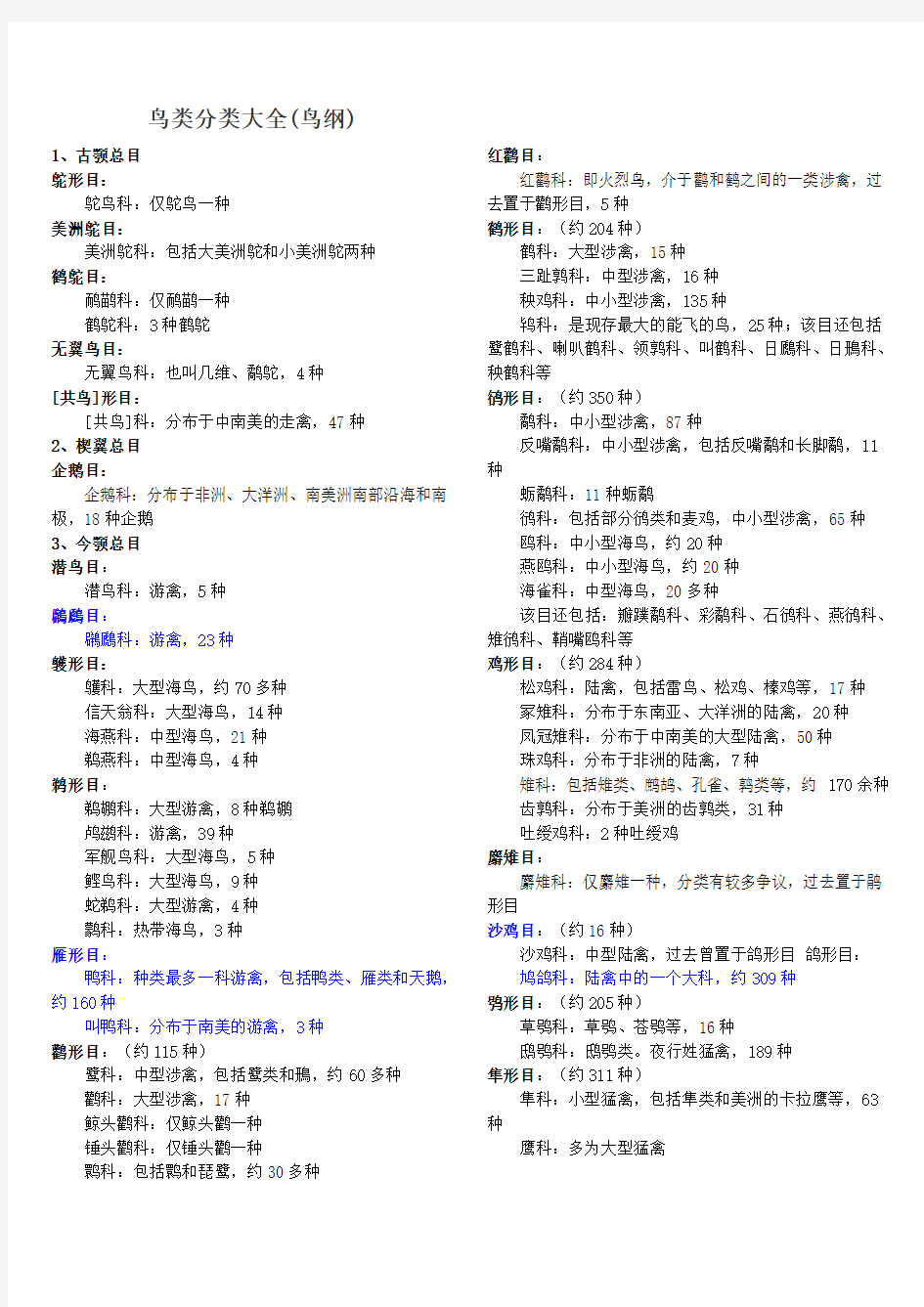 鸟类种类划分(打印版)