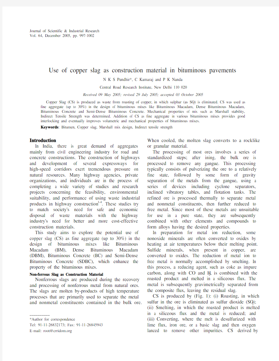 Use of copper slag as construction material in bituminous pavements