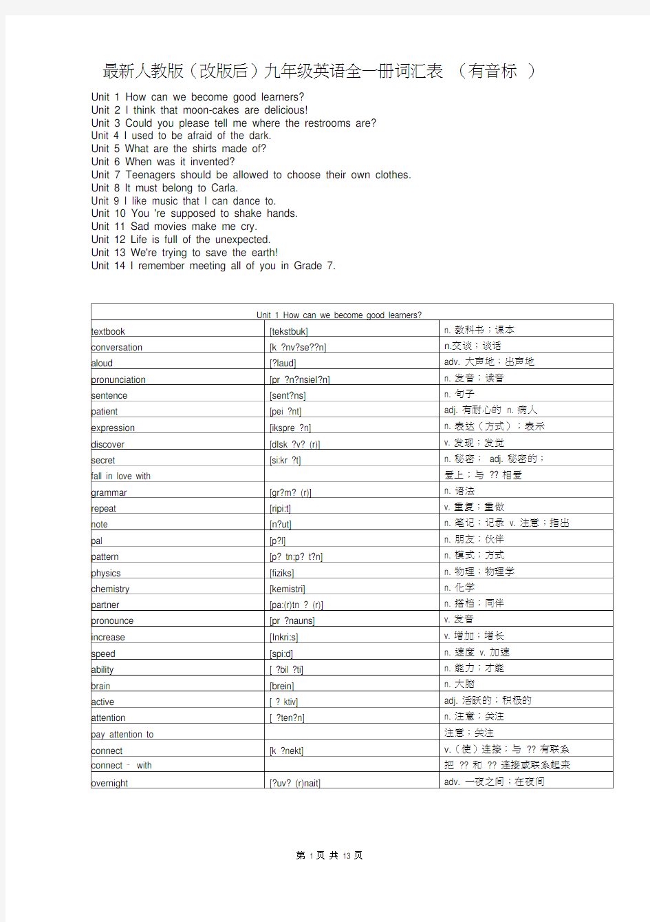 人教版九年级全册英语单词词汇表(最新)