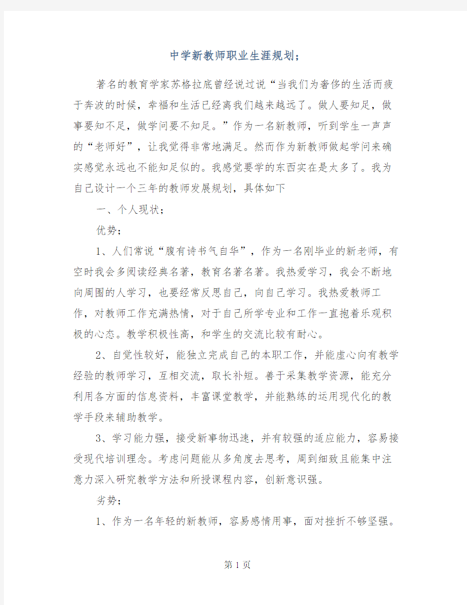 【总结发言稿】中学新教师职业生涯规划