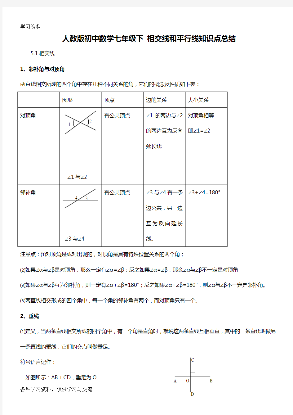 人教版初中数学七年级下-相交线和平行线知识点总结教学文案