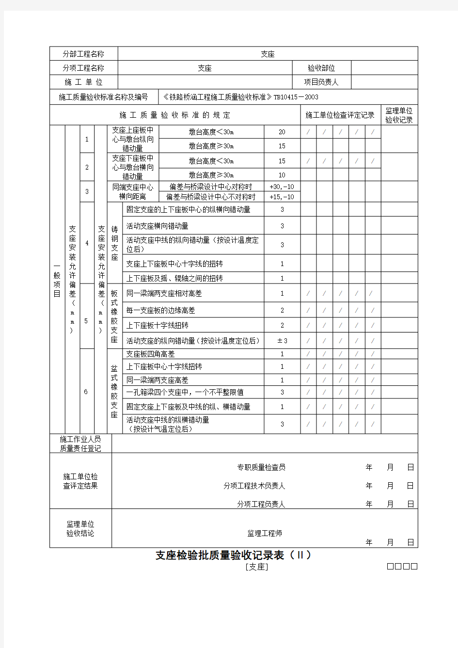 支座检验批质量验收记录表(制作及安装)