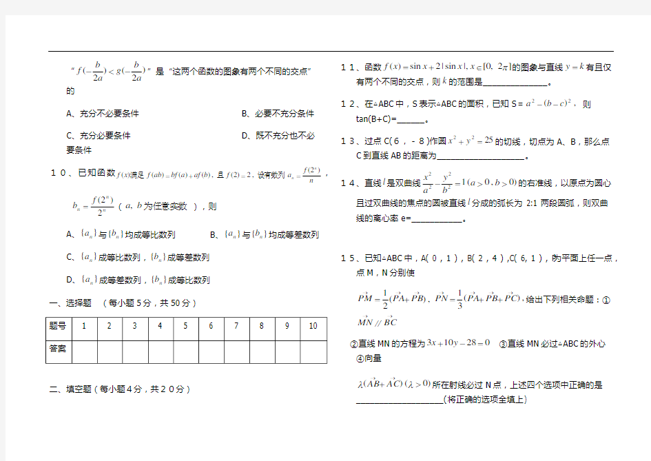 高三数学月考试题(文科)(附答案)