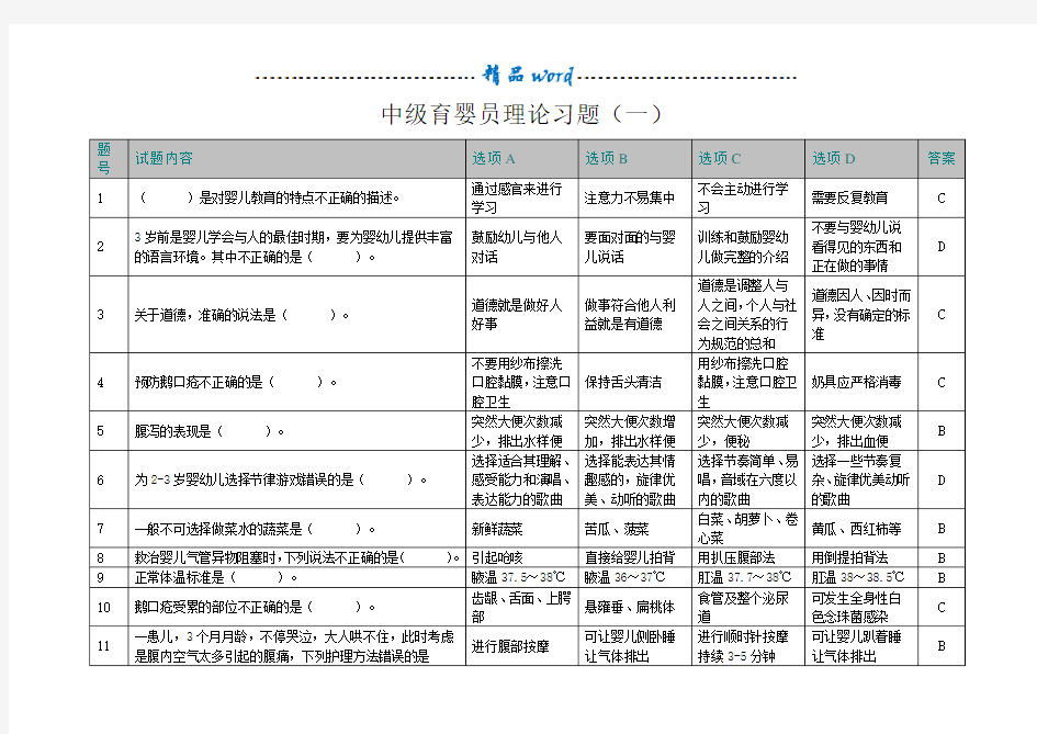 中级育婴员理论习题(一)含答案