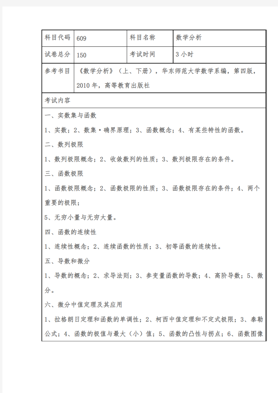 上海海事大学609数学分析2020年考研专业课初试大纲