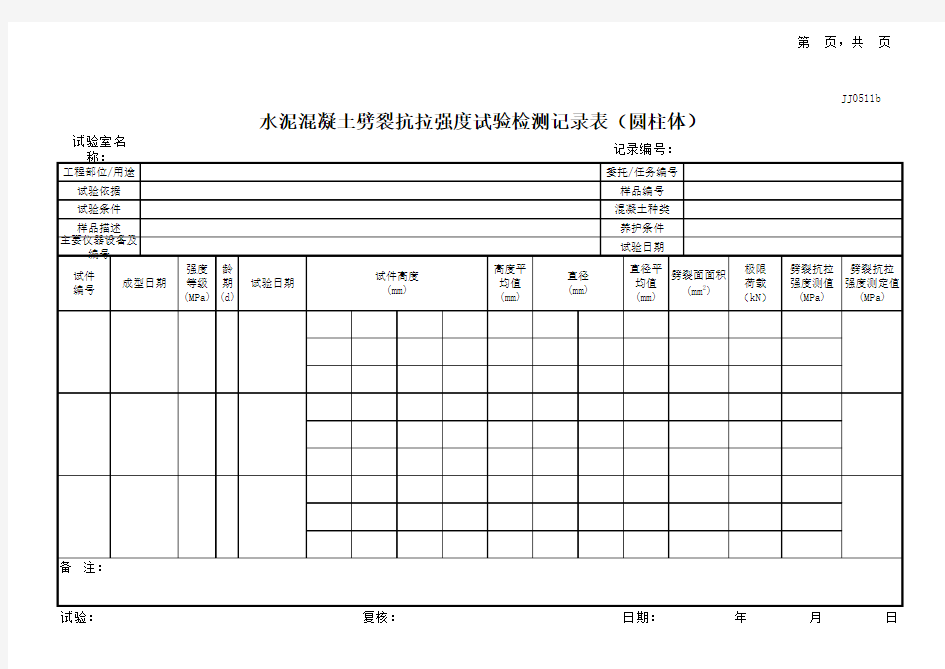 水泥混凝土劈裂抗拉强度试验检测记录表