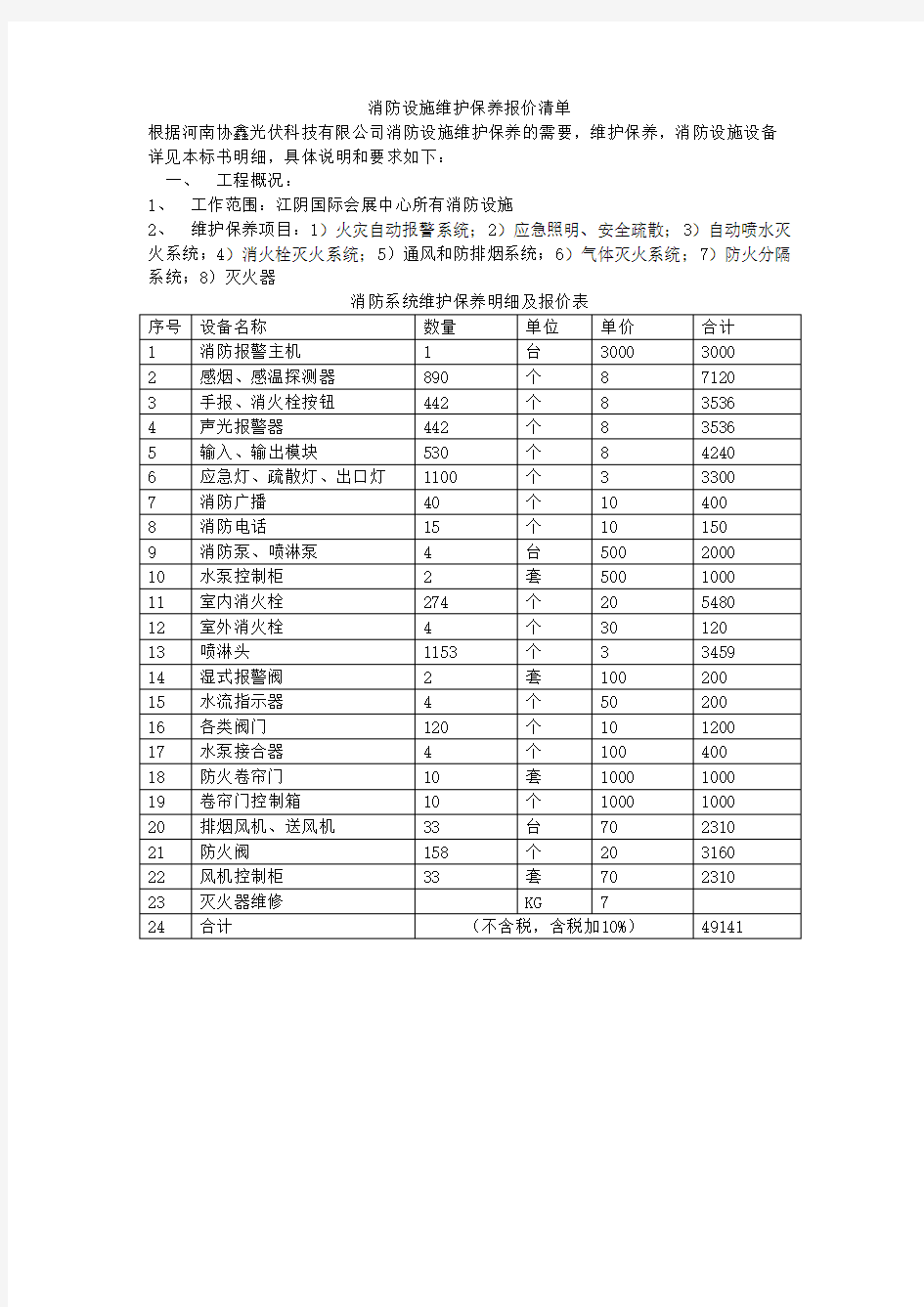 消防设施维护保养报价清单