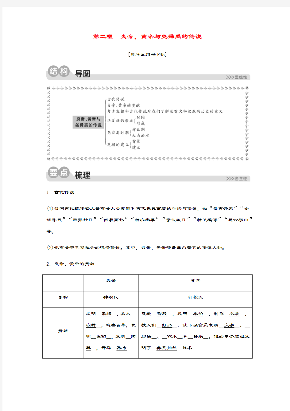 2020春七年级历史与社会下册第八单元文明探源第三课中华文明探源第二框炎帝、黄帝与尧舜禹的传说同步测试(