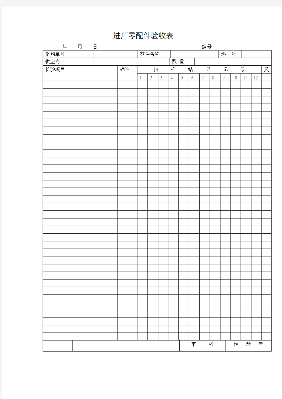进厂零配件验收表表格格式