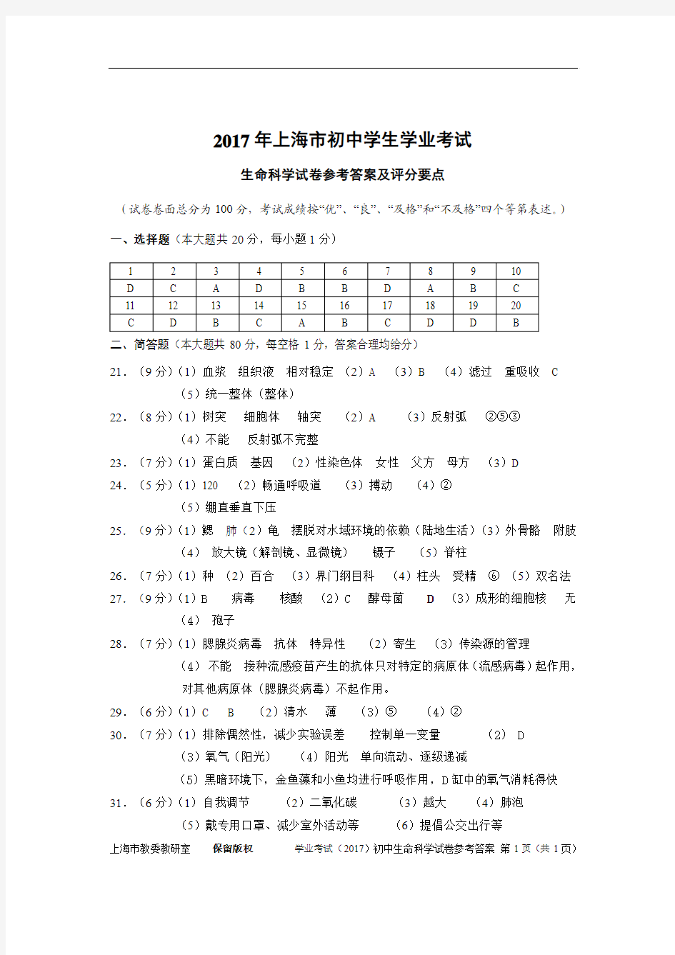 2017上海初中生命科学学业考参考答案