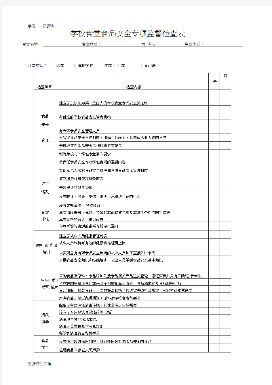 学校食堂食品安全专项监督检查表汇编